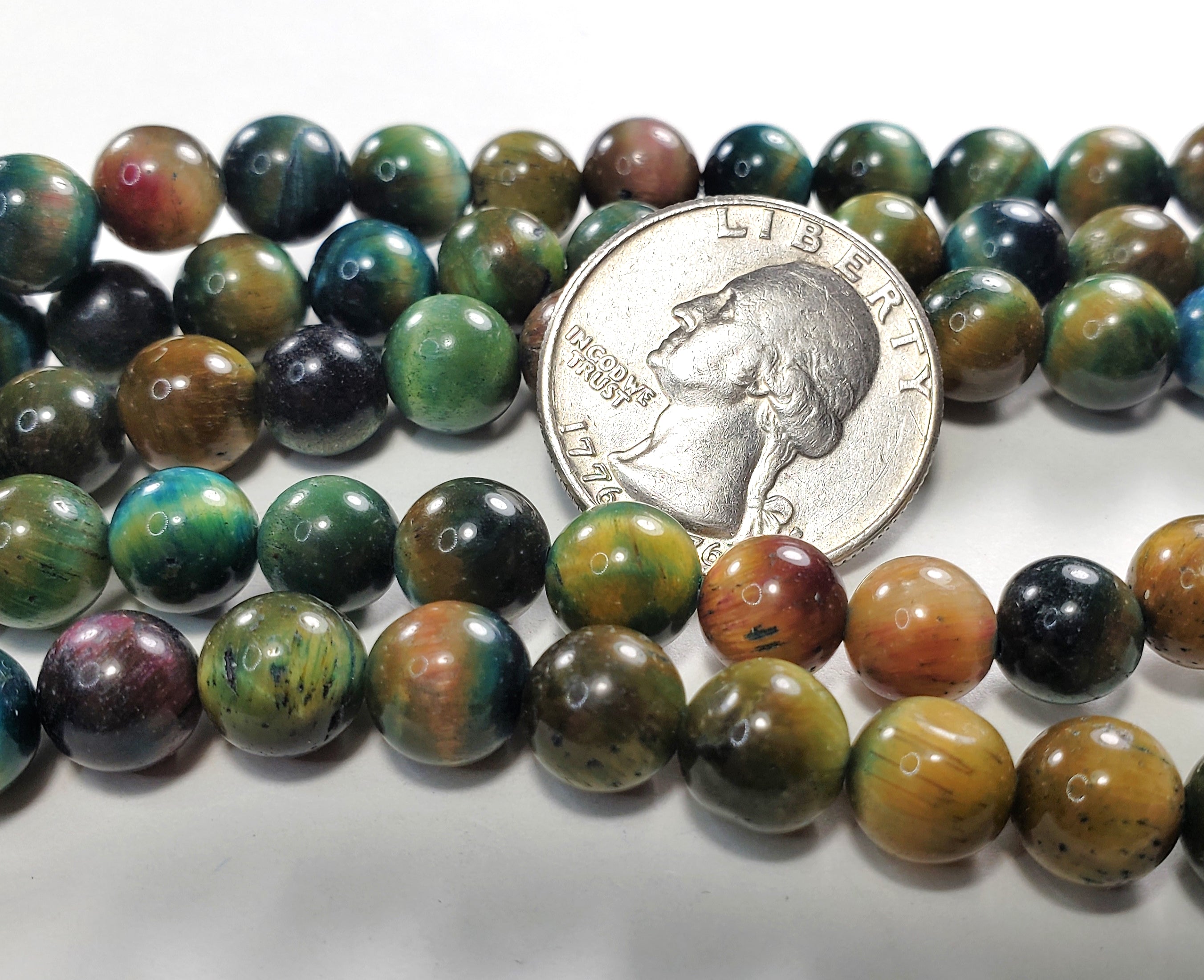 8mm Blue Green Tiger's Eye Round Gemstone Beads 8-Inch Strand