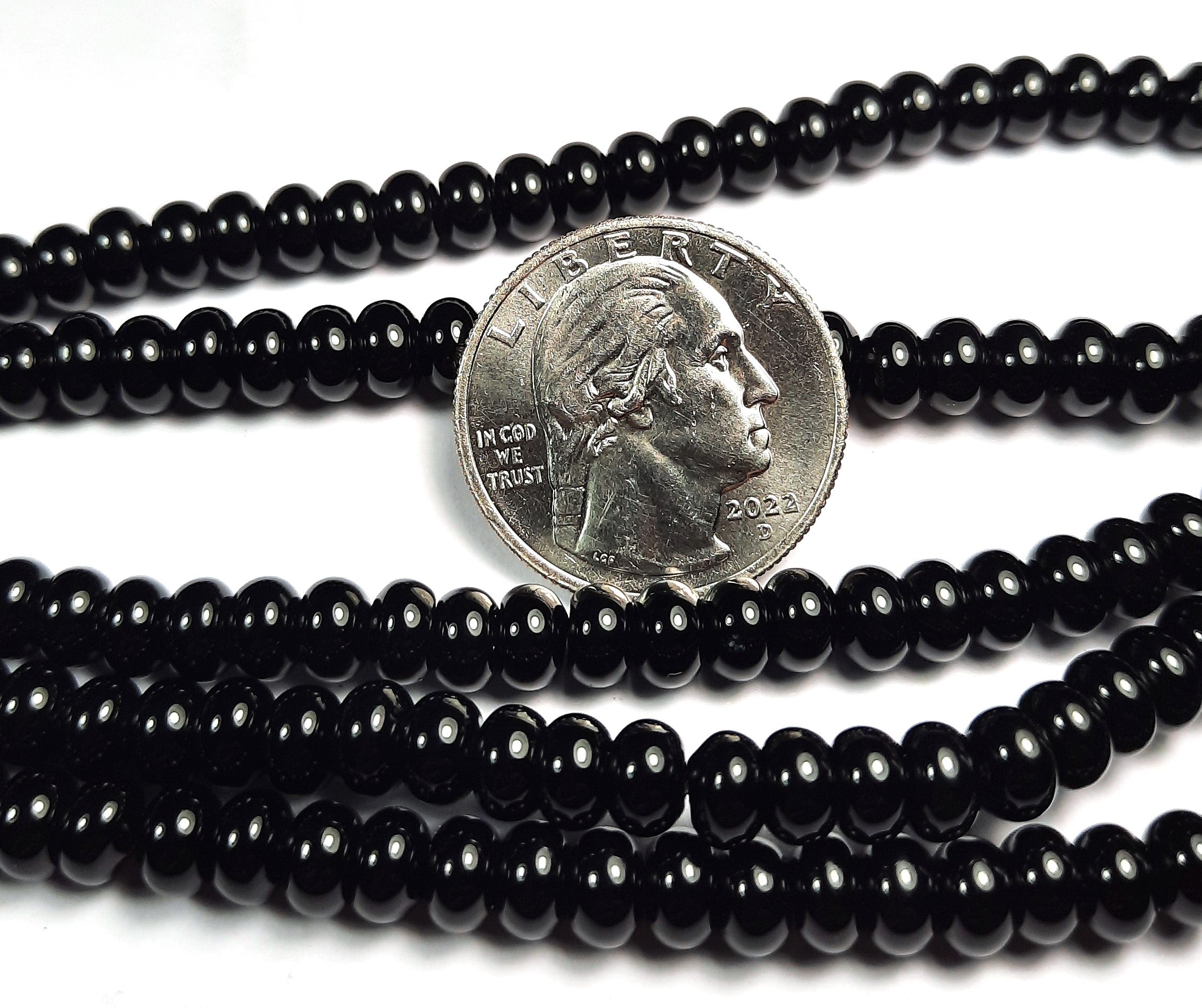 6x4mm Black Onyx Smooth Rondelle Gemstone Beads 8-Inch Strand