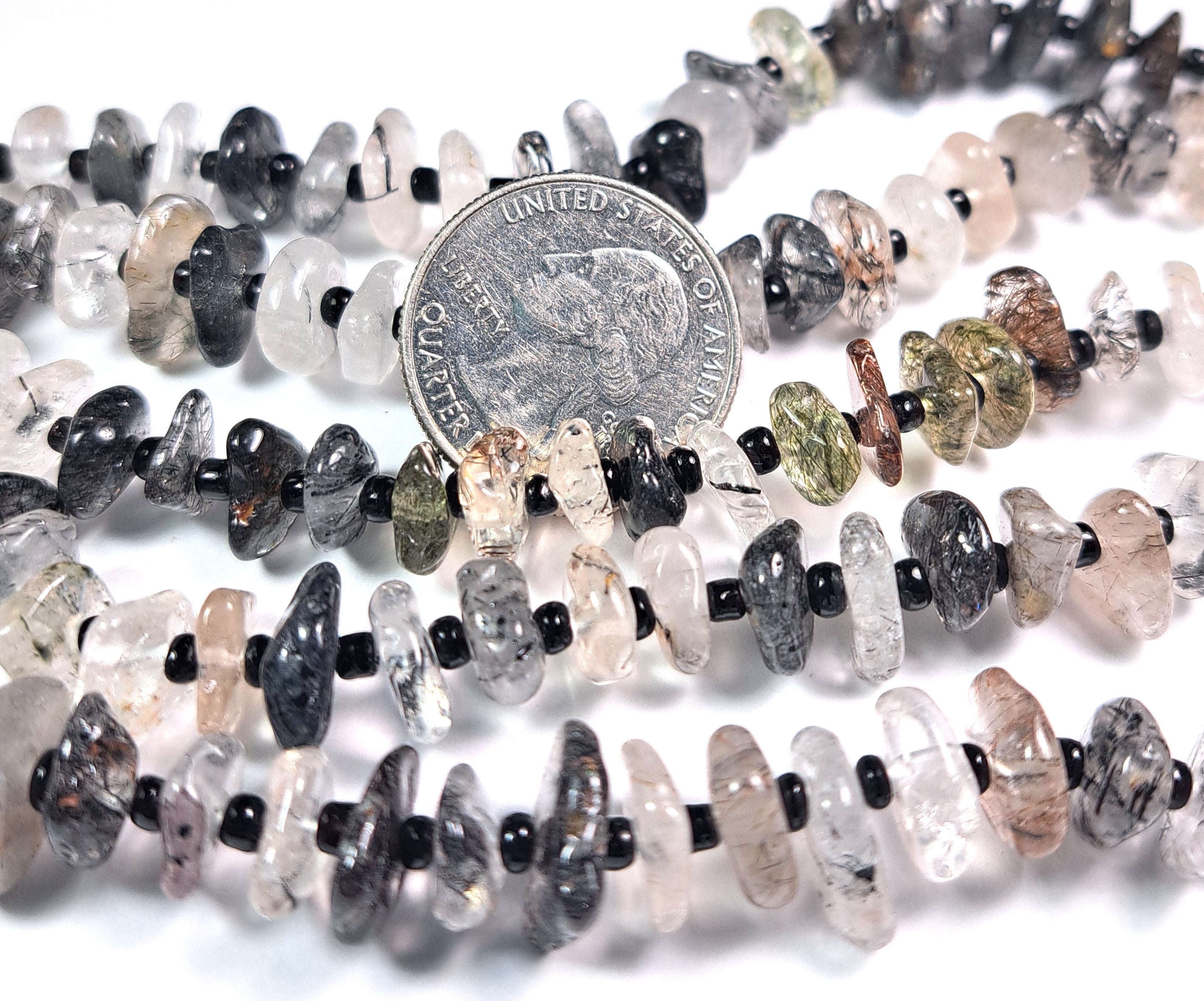 8-12mm Black Tourmalinated Quartz Chip Gemstone Beads 8-Inch Strand