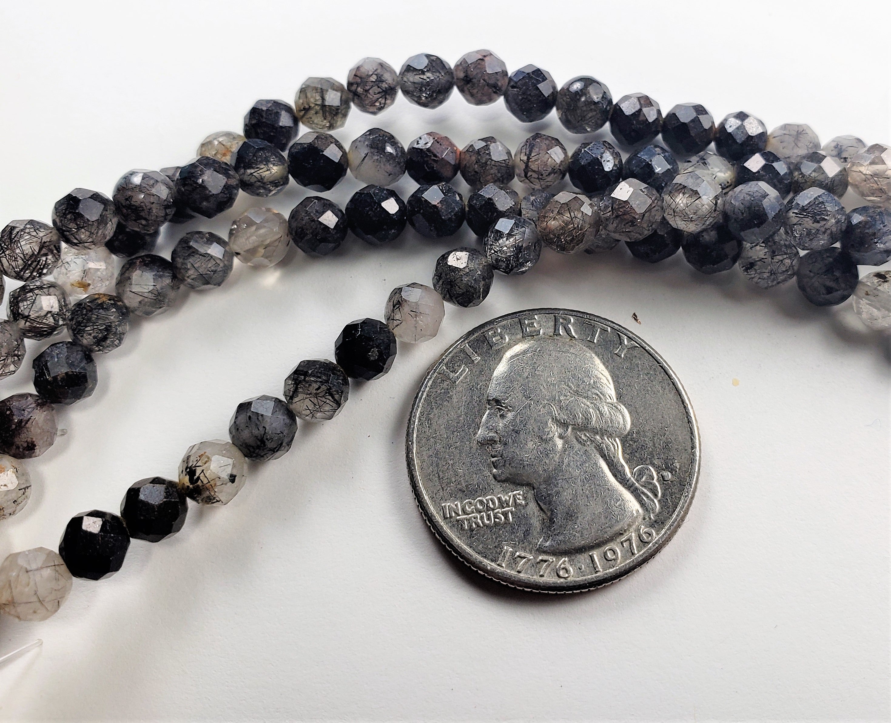 5mm Black Tourmalinated Quartz Faceted Round Gemstone Beads 8-Inch Strand