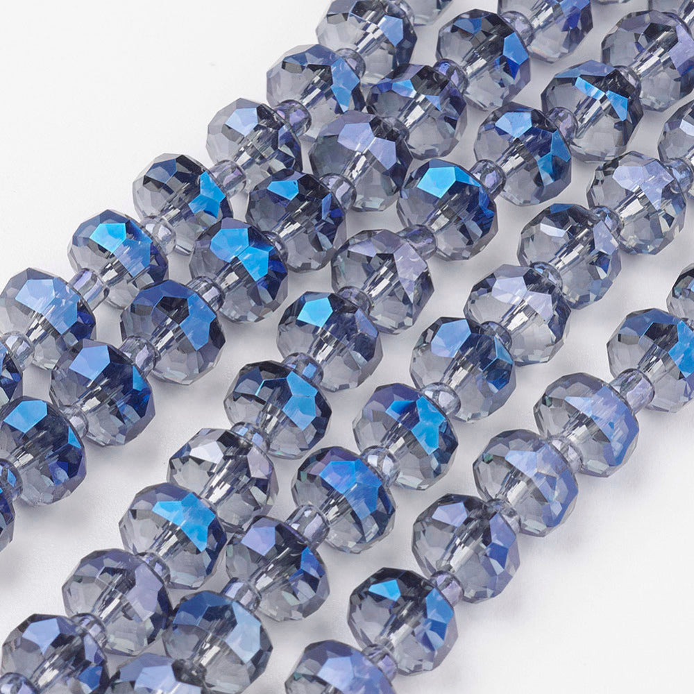 8mm Rainbow-Plated Flat Round Steel Blue Faceted Glass Beads 10ct