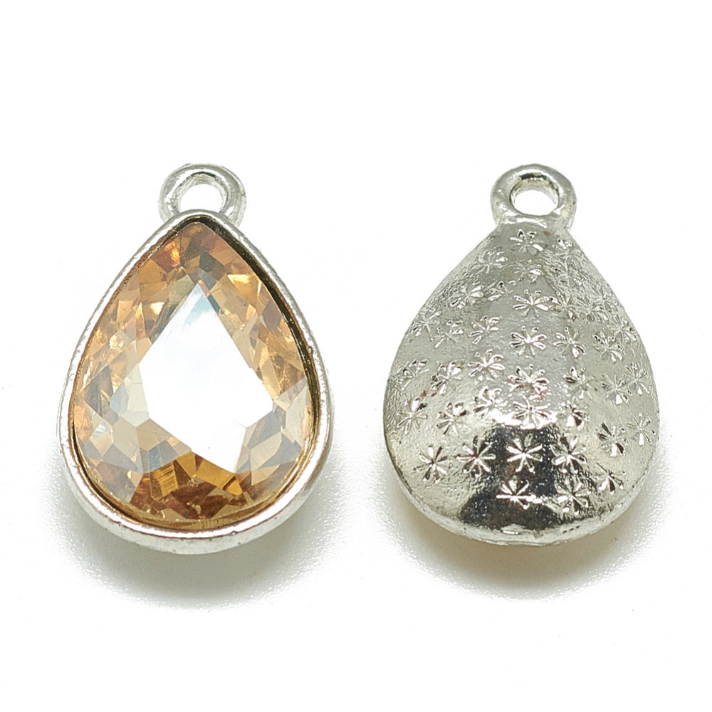 15x9mm Pale Goldenrod Faceted Teardrop Glass Rhinestone Charm Platinum Tone 5ct