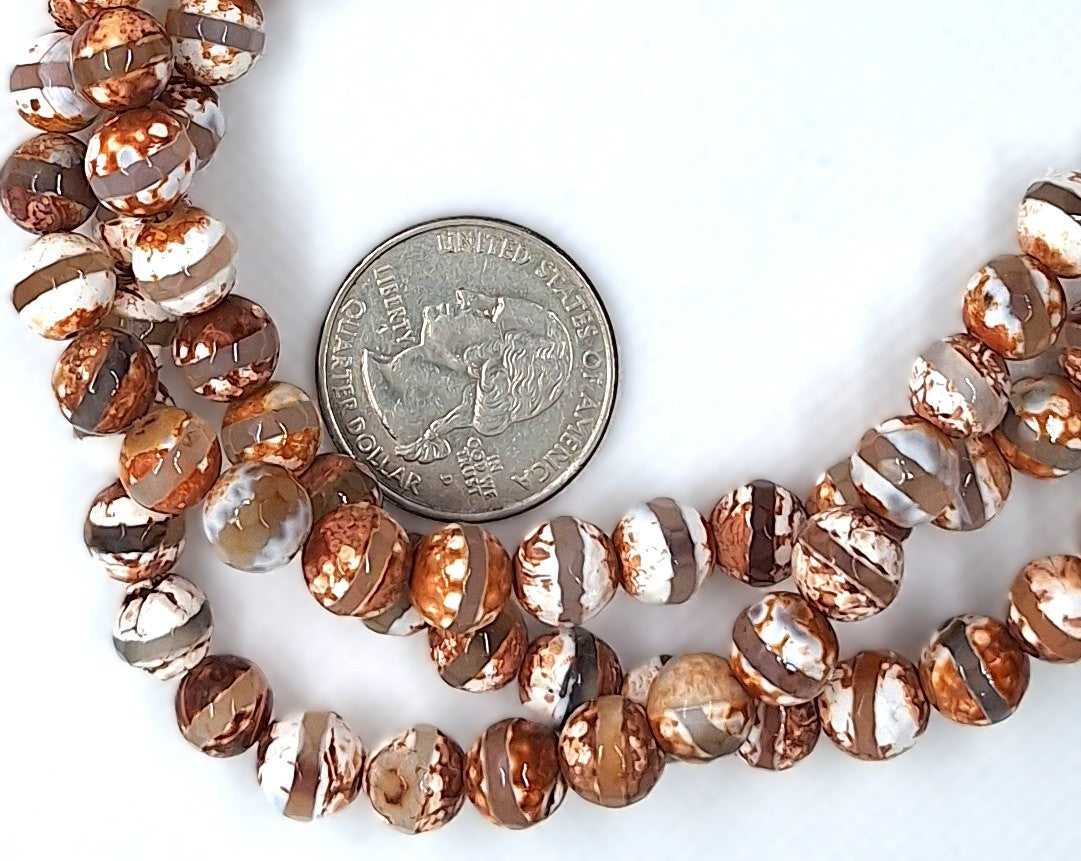 8mm Grey Line Brown White Tibetan DZI Agate Faceted Round Gemstone Beads 8-Inch Strand