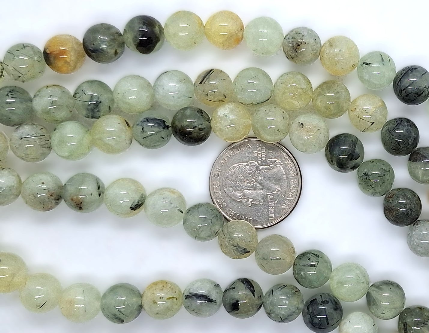 10mm Prehnite Black Hair Round Gemstone Beads 8-Inch Strand