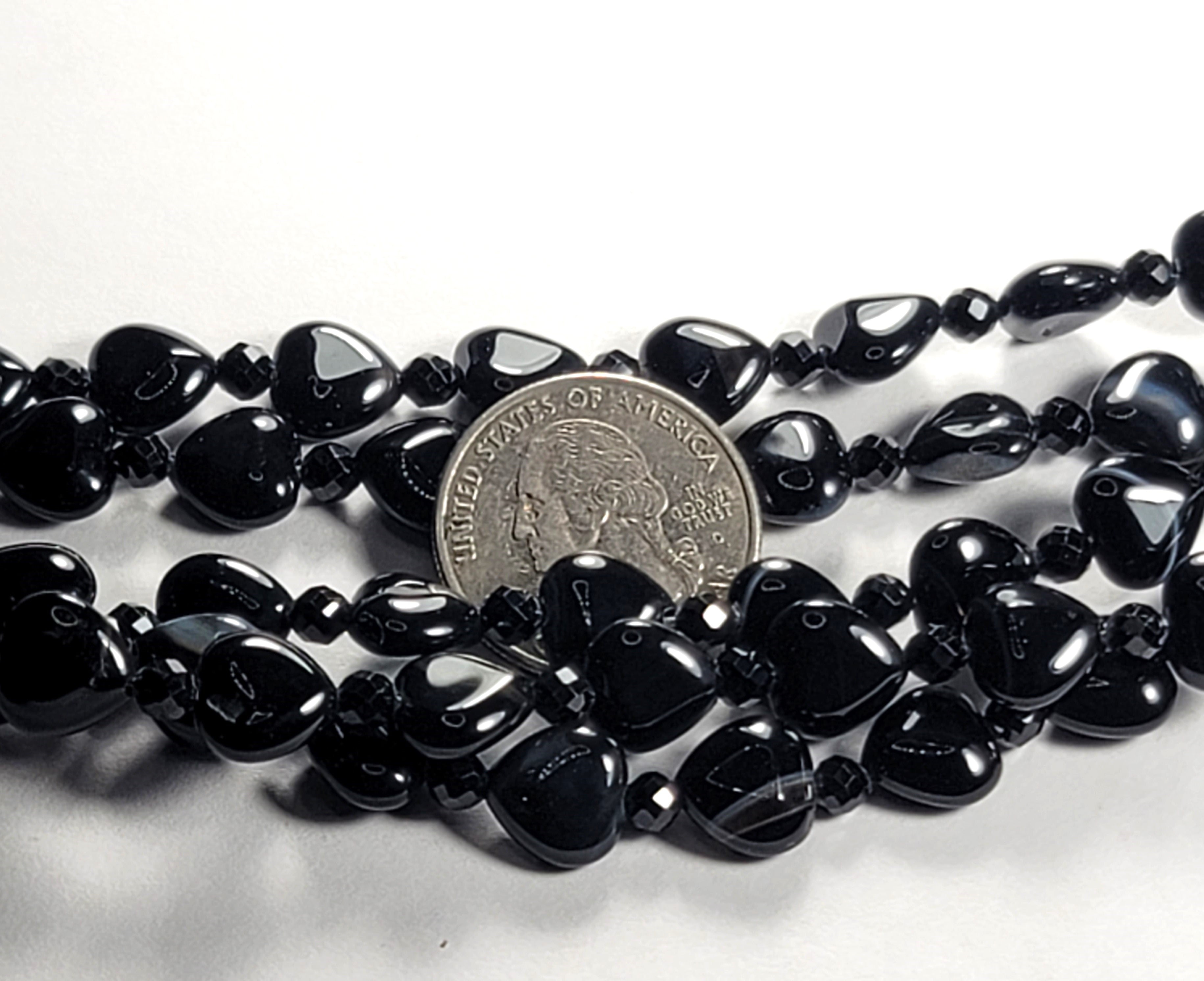 10mm Black Sardonyx Heart Gemstone Beads 8-Inch Strand