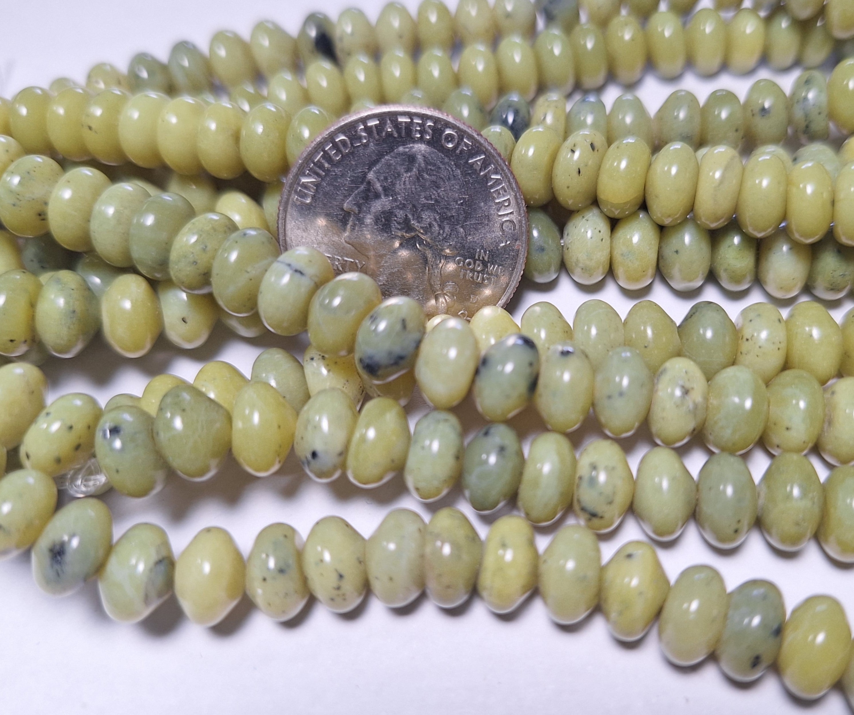 8x5mm Olive Jade Smooth Rondelle Gemstone Beads 16-Inch Strand