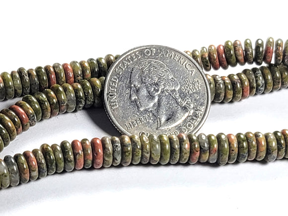 6x2mm Unakite Heishi Button Gemstone Beads 8-Inch Strand