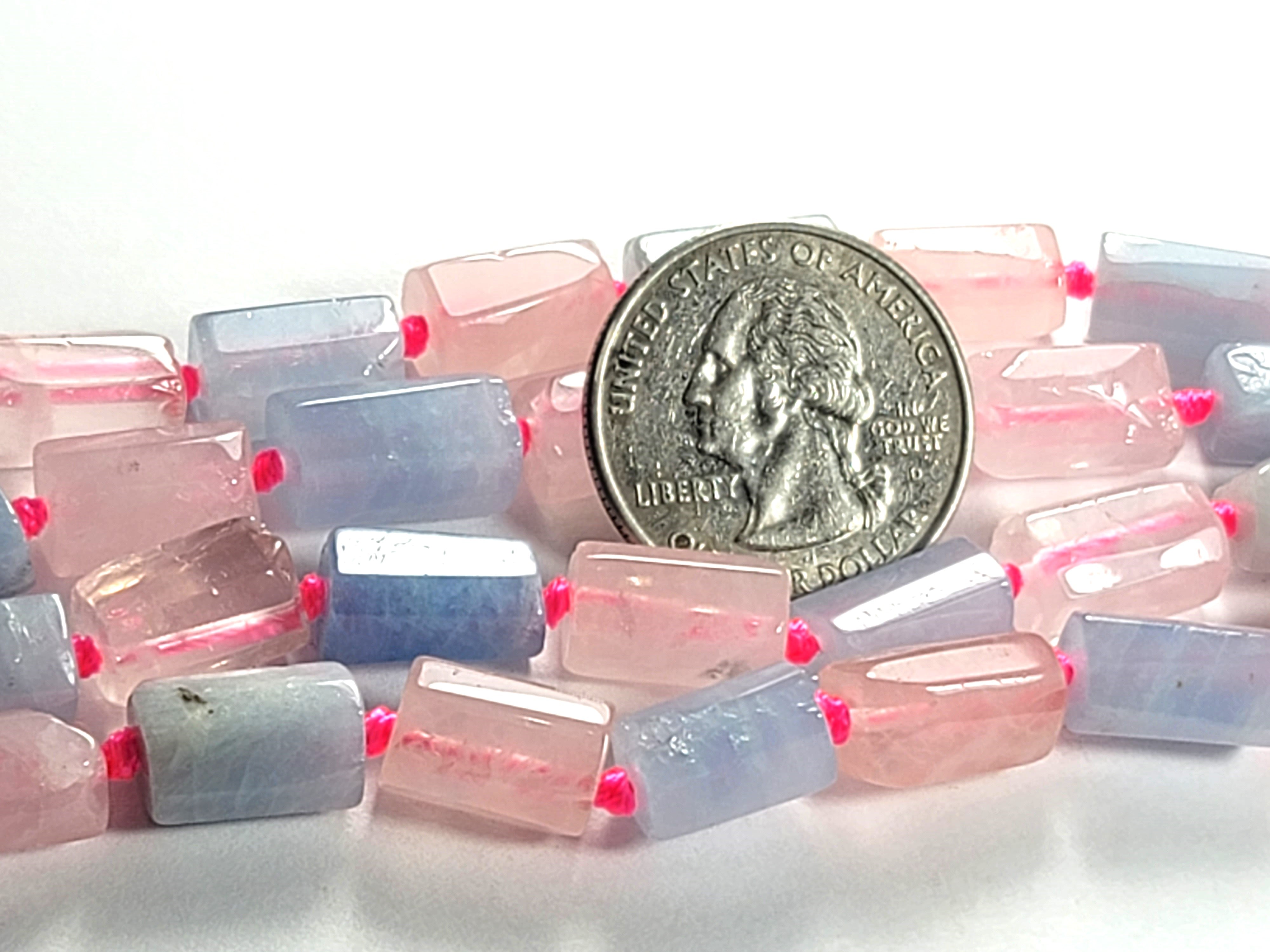14x10mm Aquamarine and Rose Quartz Freeform Tube Gemstone Beads 8-Inch Strand