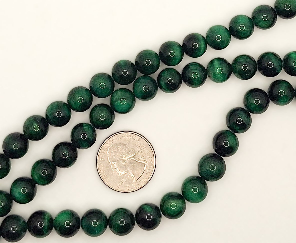 10mm Green Tiger's Eye Dyed Round Gemstone Beads 8-inch Strand