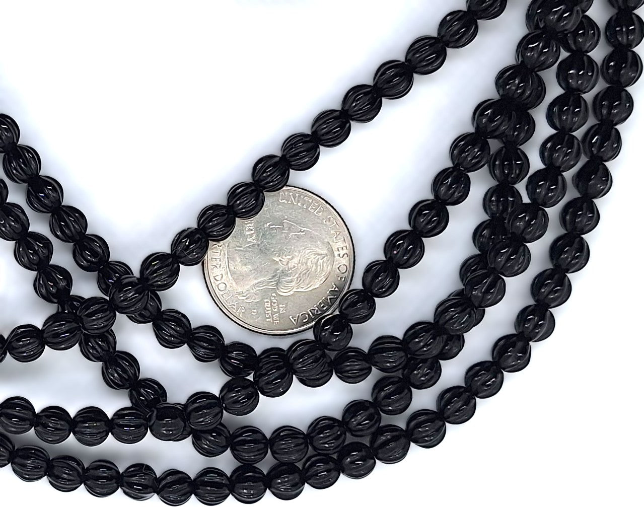 6mm Black Onyx Carved Melon Round Gemstone Beads 16-Inch Strand