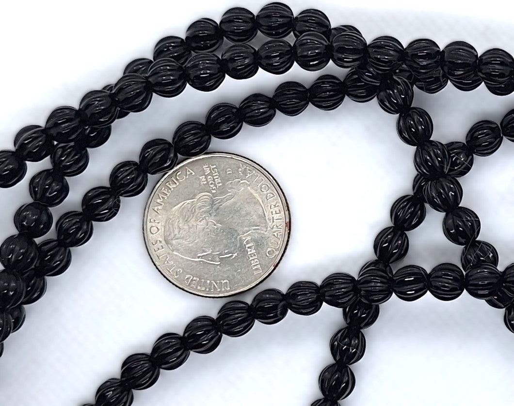 6mm Black Onyx Carved Melon Round Gemstone Beads 16-Inch Strand