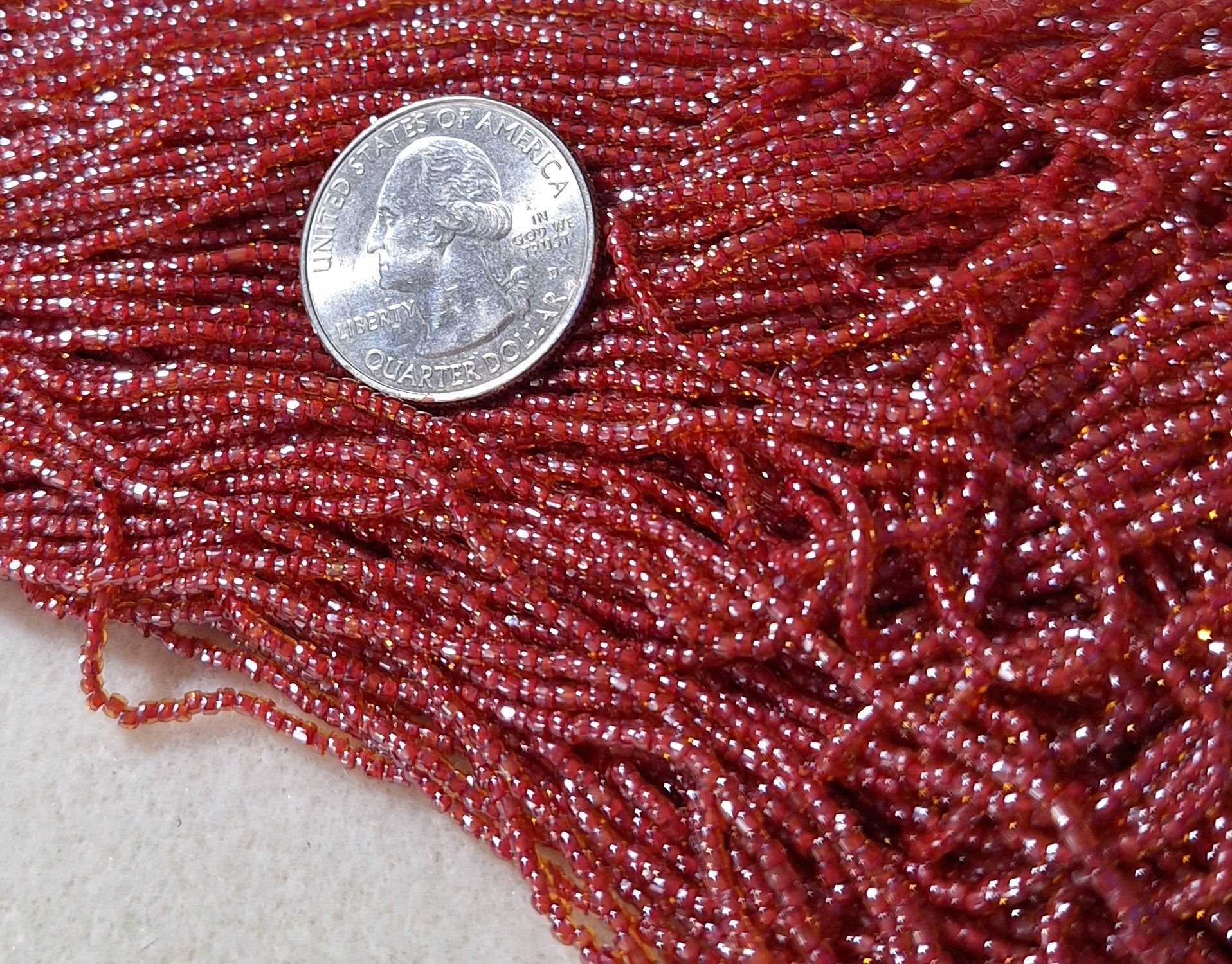 12/0 Dark Red-Lined Topaz 3-Cut Czech Seed Beads Full Hank