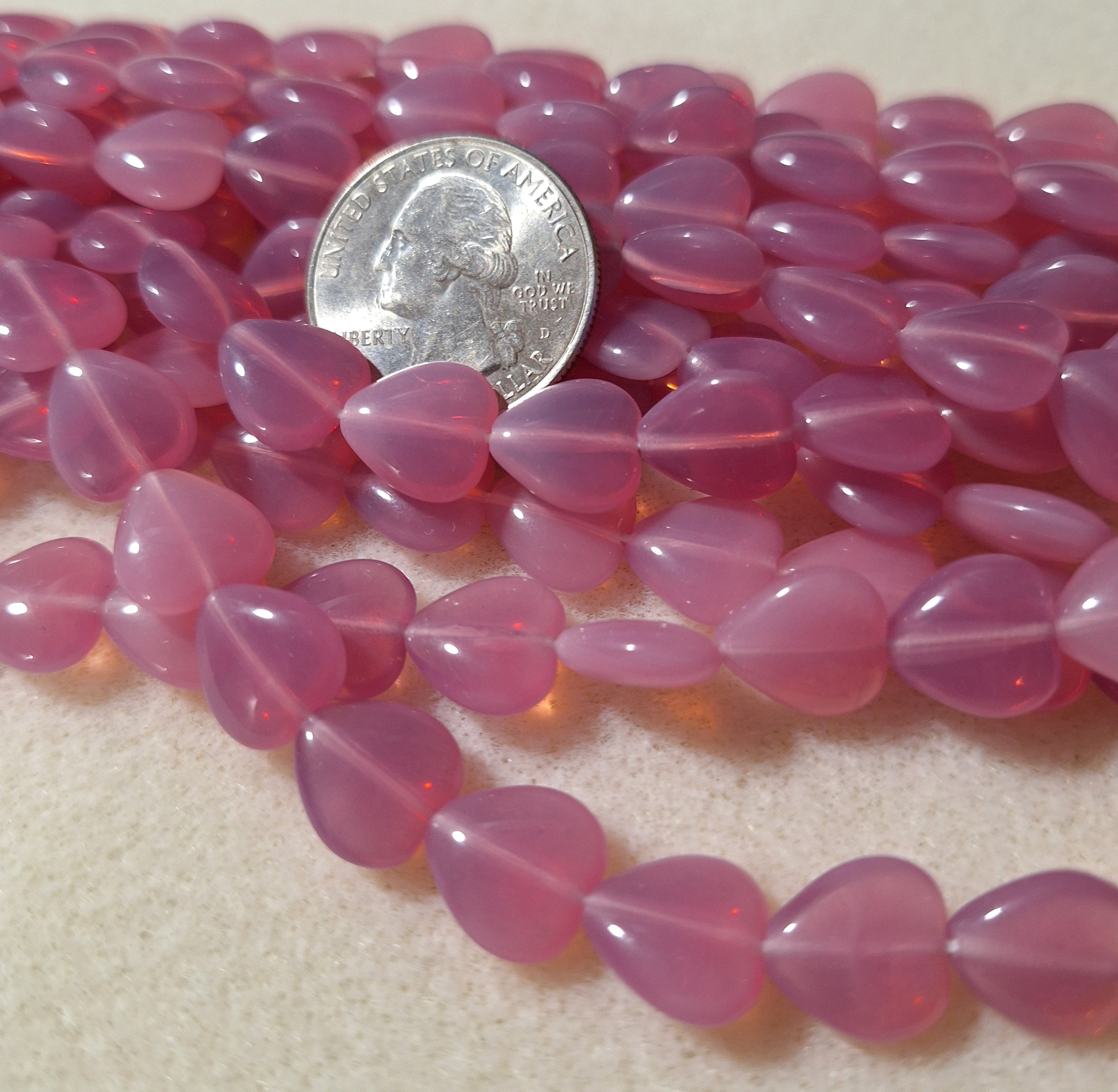 12mm Pink Opal Heart Pressed Czech Glass Beads 20ct