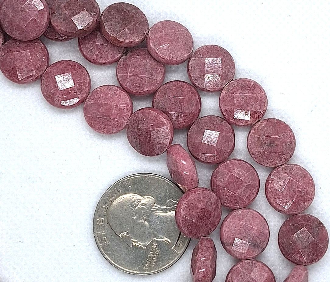 12mm Rhodonite Faceted Coin Gemstone Beads 16-Inch Strand