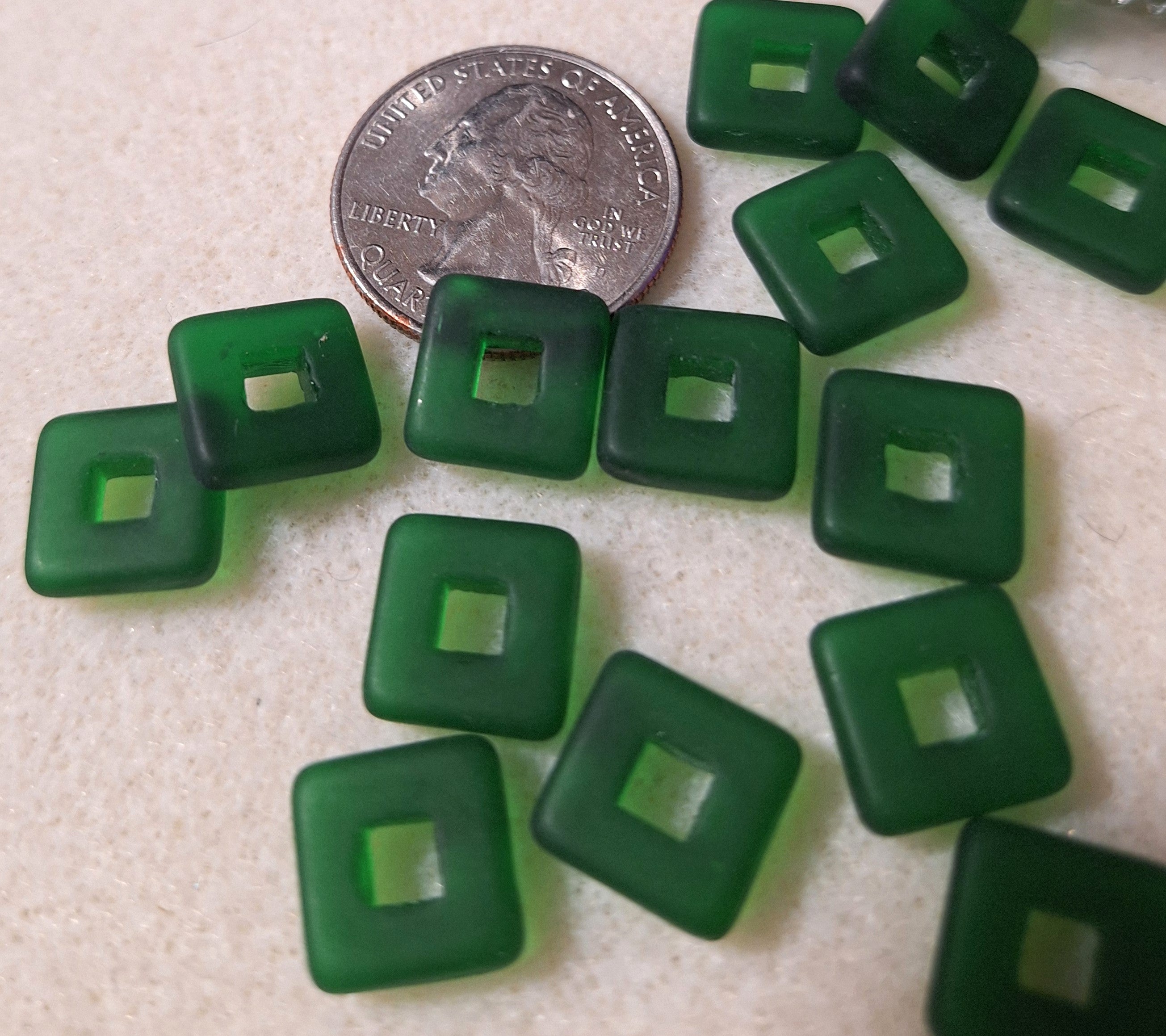 12mm Dark Green Matte Square Fancy Glass Czech Beads 10ct