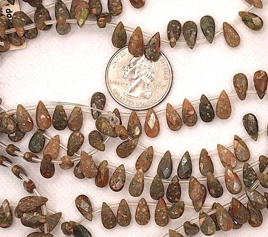 10x5mm Unakite Faceted Briolette Teardrop Gemstone Beads 16-inch Strand