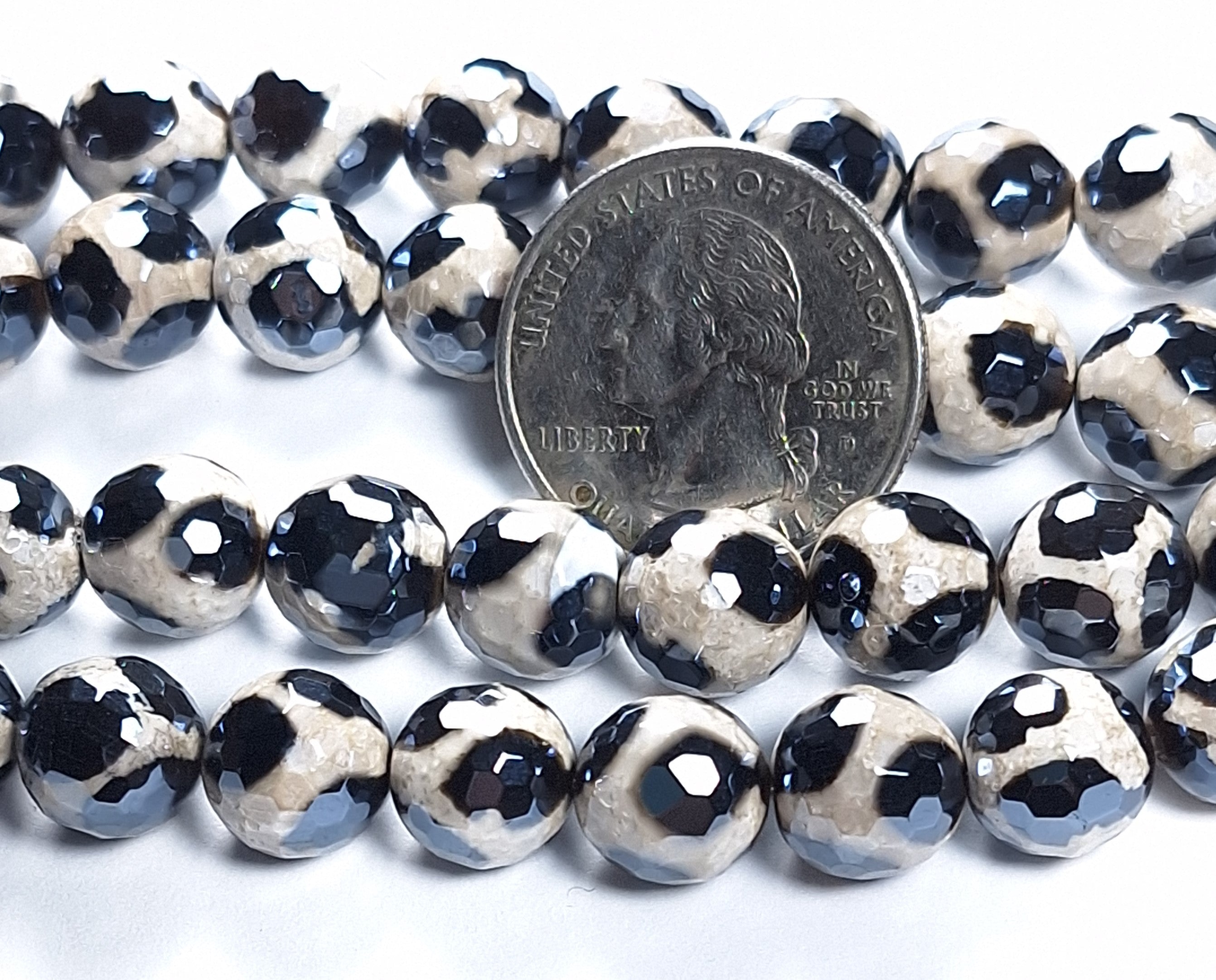 10mm Mystic Dzi Agate Black White Faceted Round Gemstone Beads 8-Inch Strand