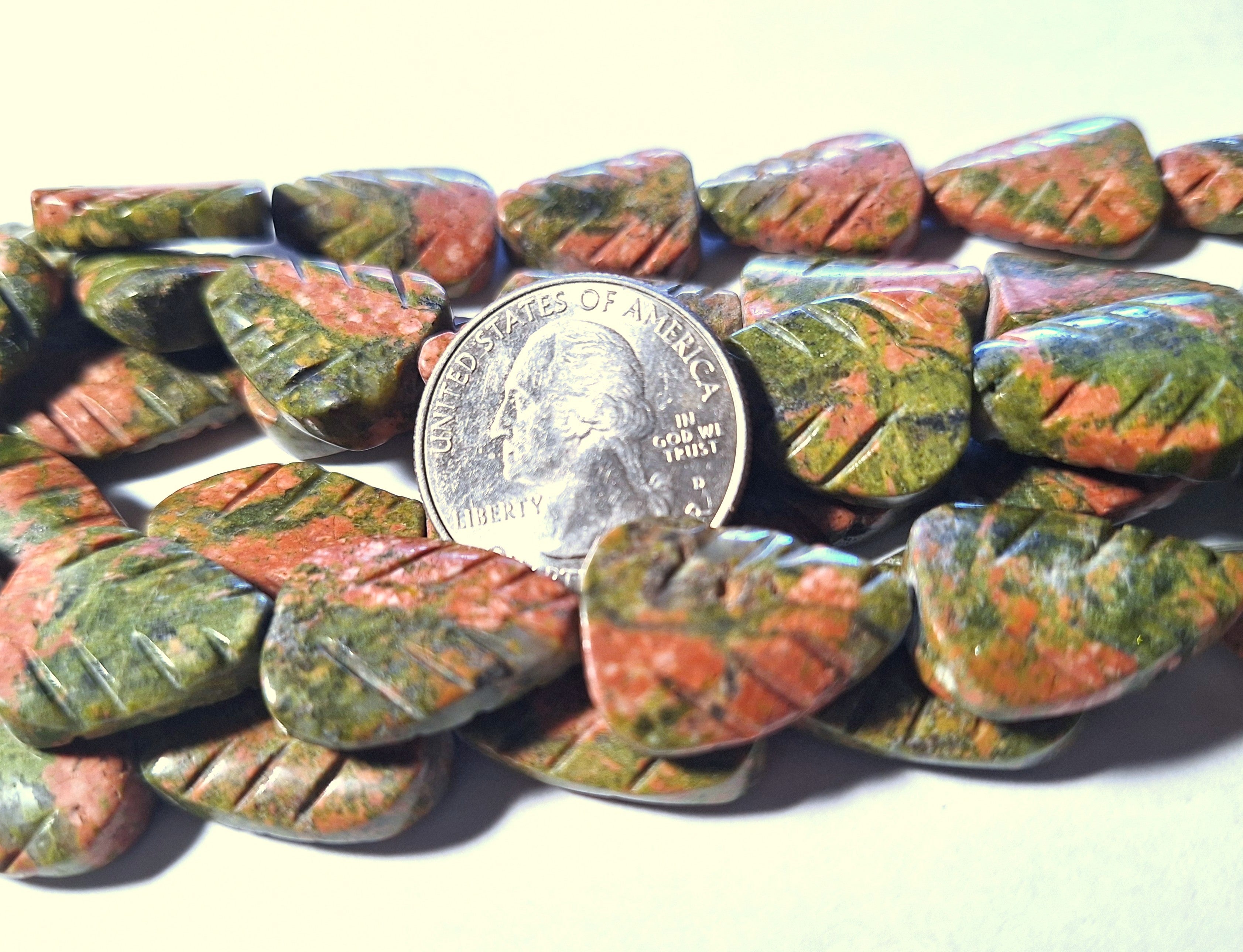 20x15mm Unakite Carved Leaf Gemstone Beads 16-Inch Strand