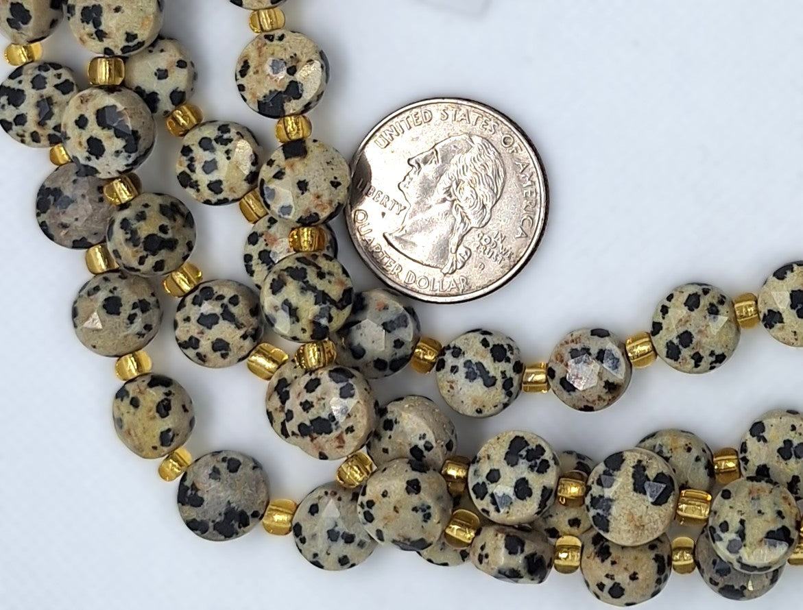 10mm Dalmation Jasper Faceted Coin Gemstone Beads 8-Inch Strand