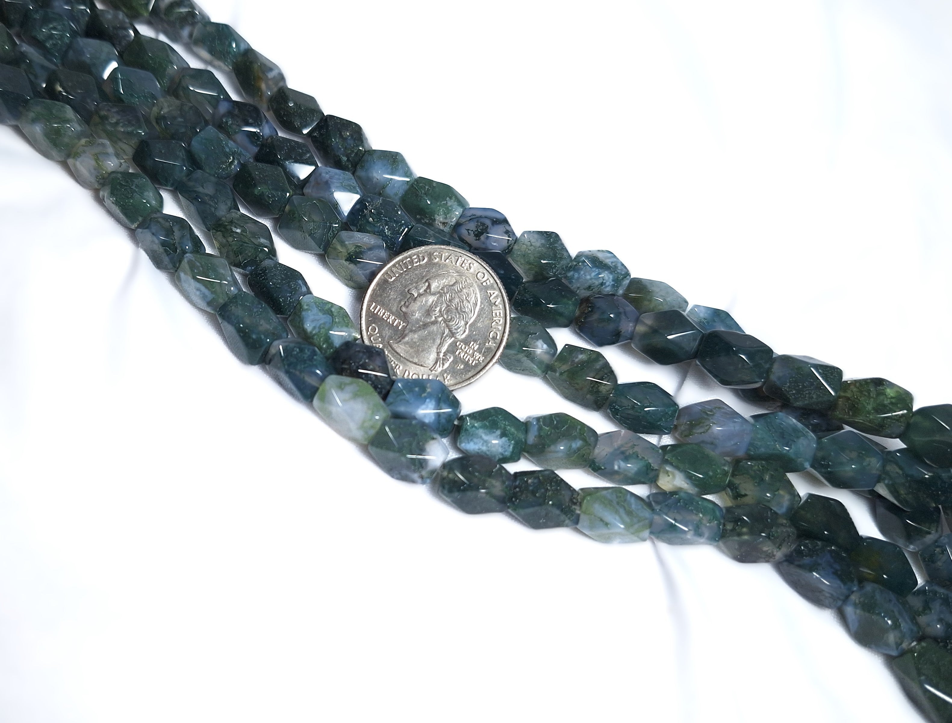 10x7mm Moss Agate Baroque Faceted Barrel Gemstone Beads 16-Inch Strand