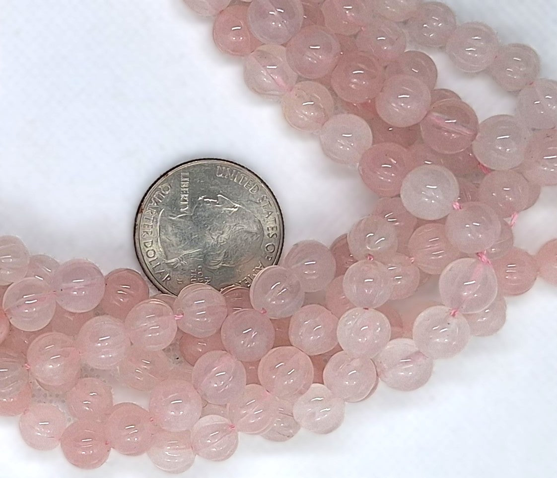 8mm Rose Quartz Carved Melon Round Gemstone Beads 16-Inch Strand