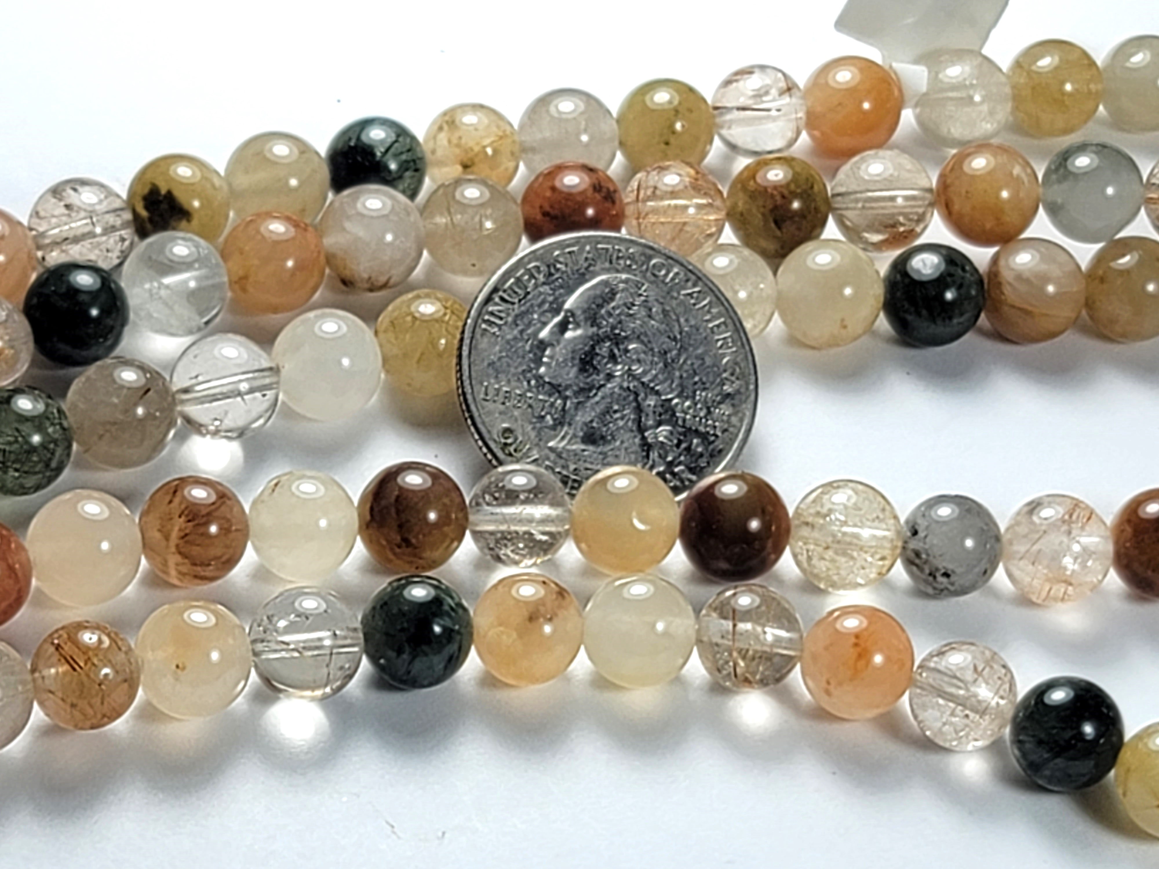 8mm Rutilated Quartz Round Gemstone Beads 8-Inch Strand