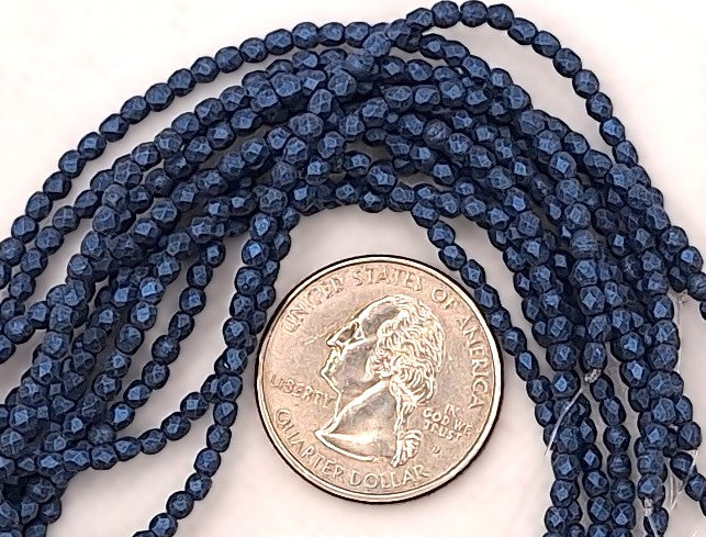 2mm Blue Metallic Suede Fire-Polished Faceted Round Beads 50ct