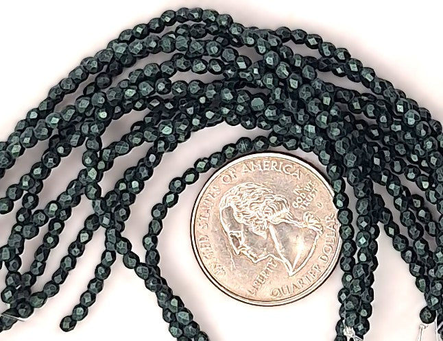2mm Light Green Metallic Suede Fire-Polished Faceted Round Beads 50ct