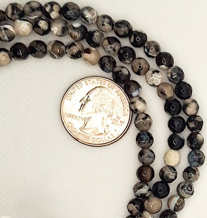 6mm Black White Dyed Agate Faceted Round Gemstone Beads 8-inch Strand