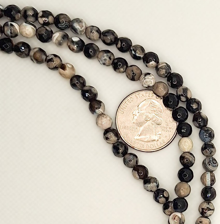 6mm Black White Dyed Agate Faceted Round Gemstone Beads 8-inch Strand
