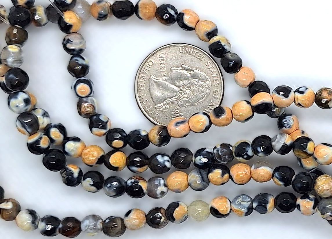 6mm Agate Dyed Black and Yellow Faceted Round Gemstone Beads 8-Inch Strand