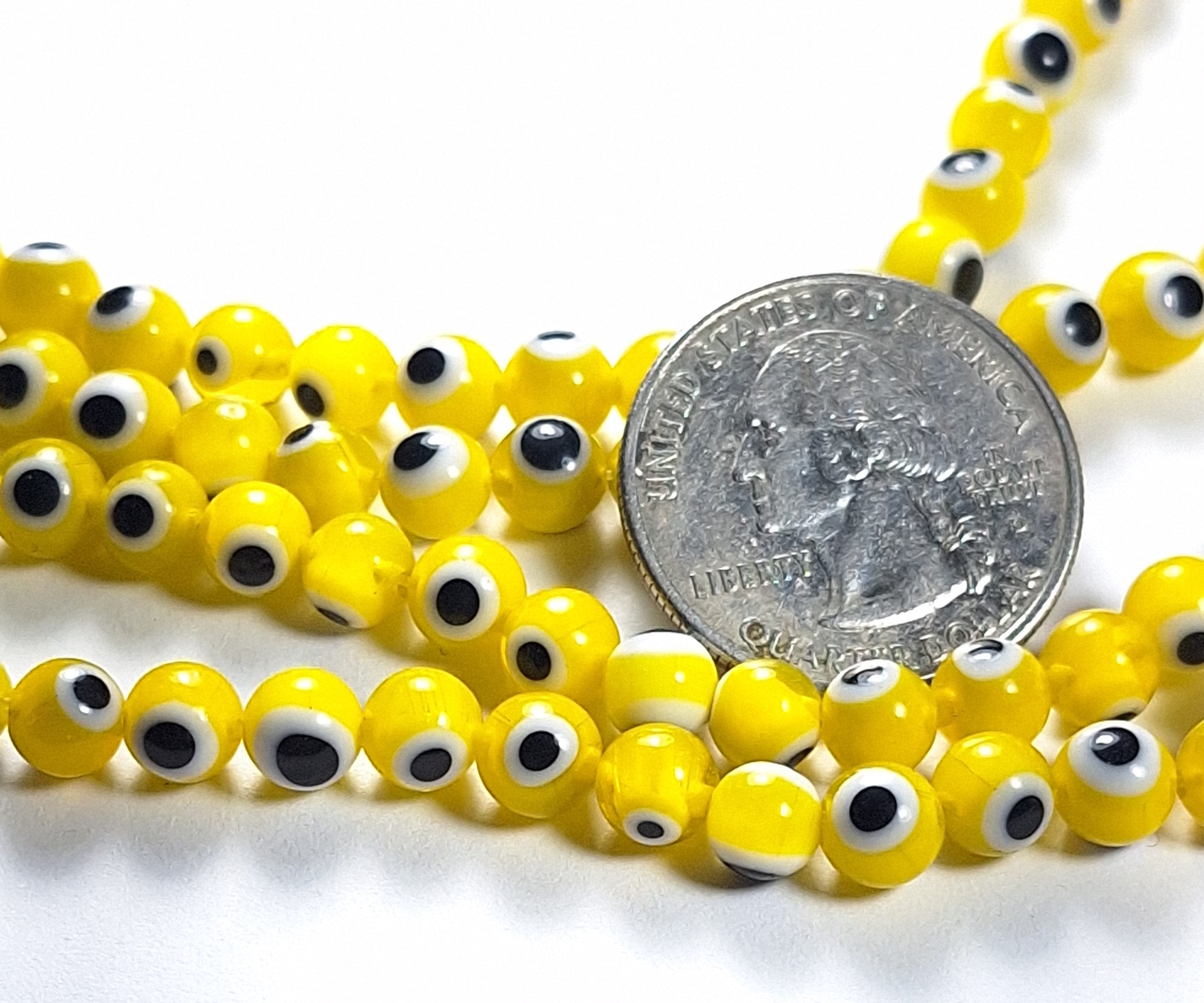 6mm Evil Eye Yellow Round Glass Beads 8-Inch Strand