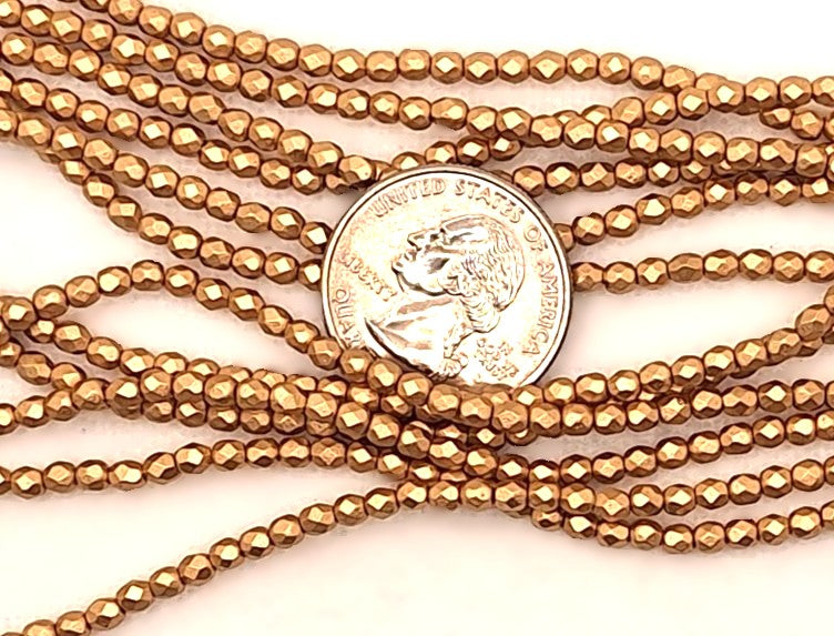 3mm Flax Gold Metallic Matte Fire-Polished Faceted Round Beads 50ct