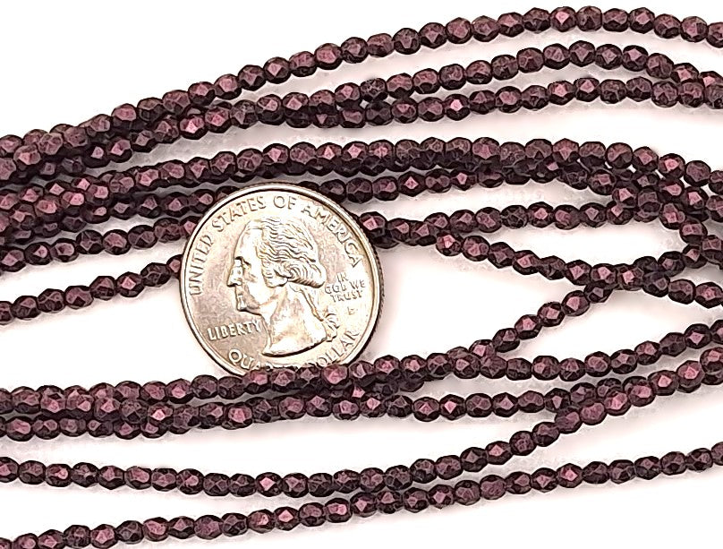 3mm Pink Metallic Suede Fire-Polished Faceted Round Beads 50ct