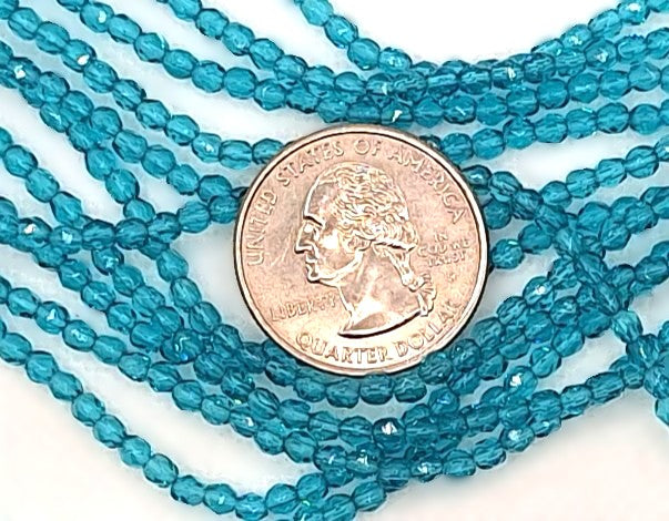 3mm Teal Transparent Fire-Polished Faceted Round Beads 50ct