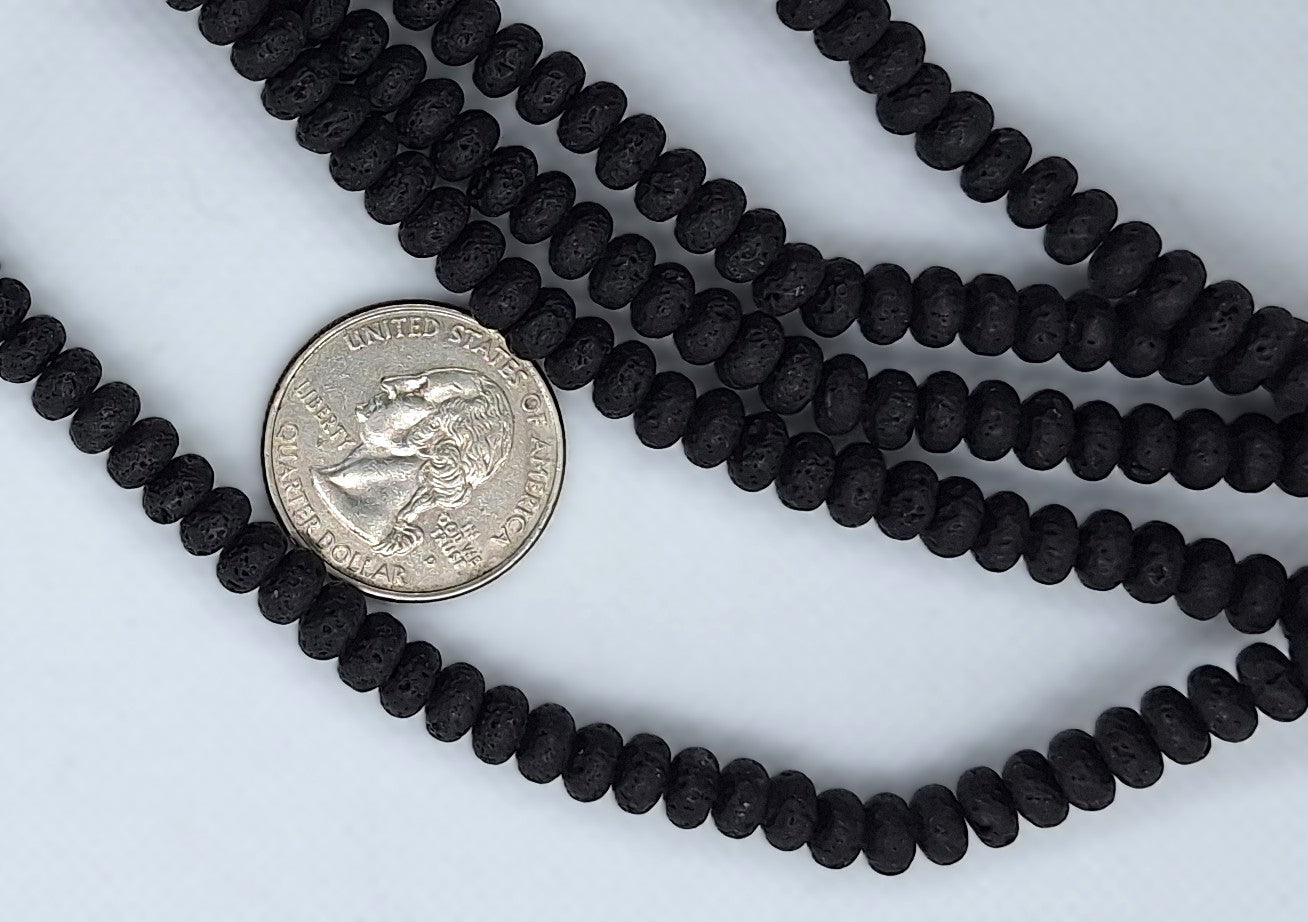 6x4mm Black Lava Rondelle Gemstone Beads 8-Inch Strand