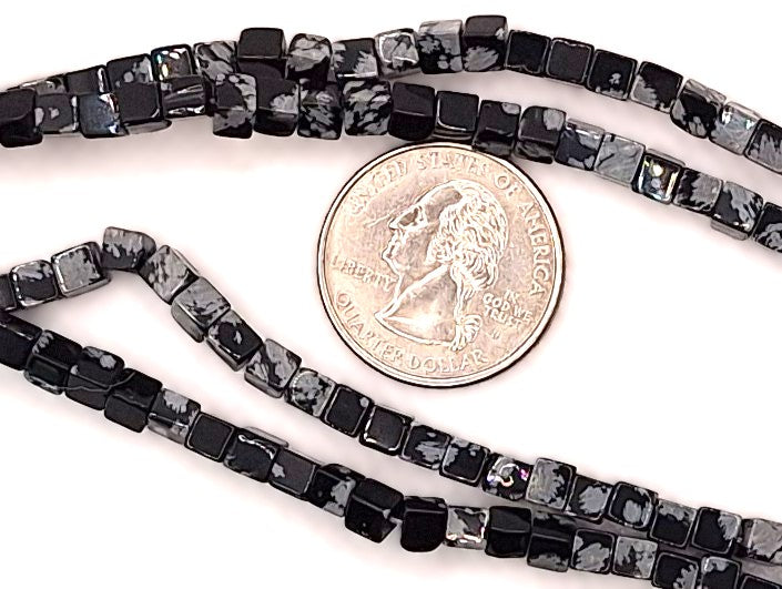4mm Snowflake Obsidian Square Cube Gemstone Beads 8-Inch Strand