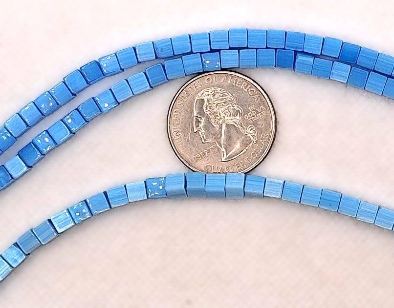 4mm Aqua Blue Cat's Eye Square Cube Glass Beads 8-Inch Strand
