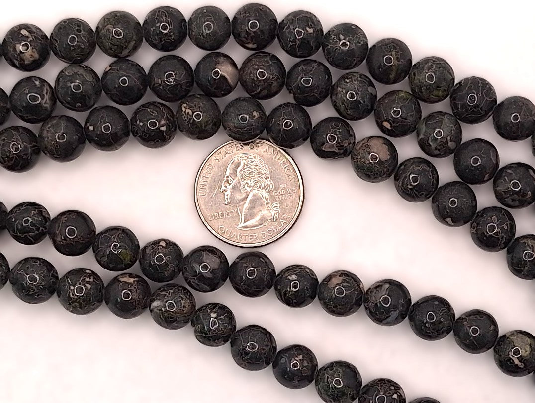 10mm Chinese Writing Stone Round Gemstone Beads 8-Inch Strand