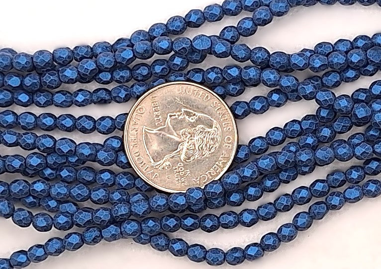4mm Blue Metallic Suede Fire-Polished Faceted Round Beads 50ct