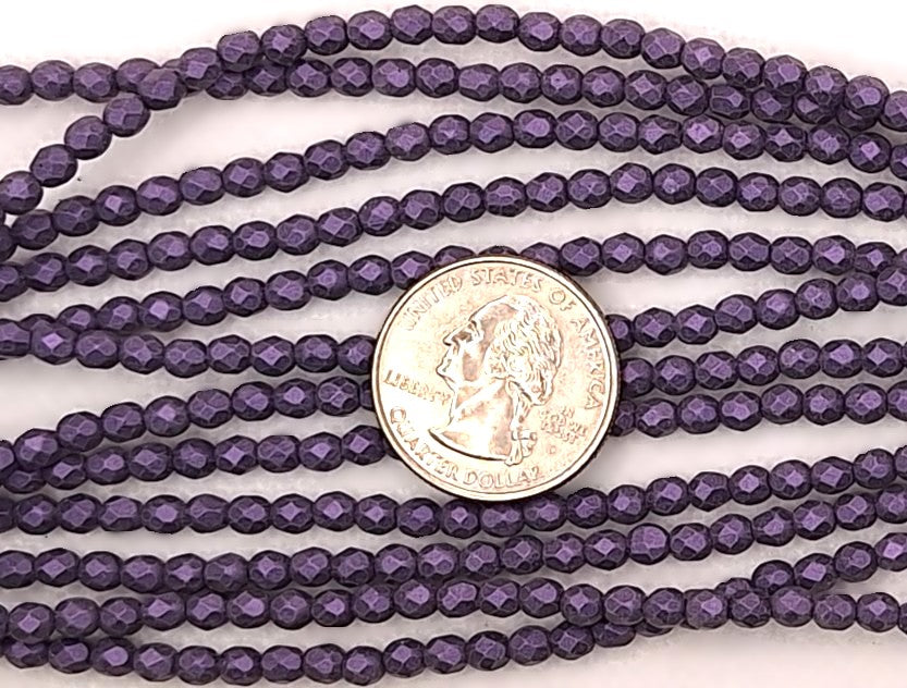 4mm Purple Metallic Suede Fire-Polished Faceted Round Beads 50ct