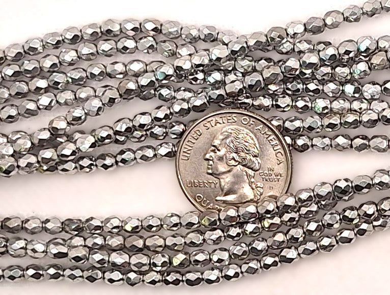 4mm Silver Metallic Opaque Fire-Polished Faceted Round Beads 50ct