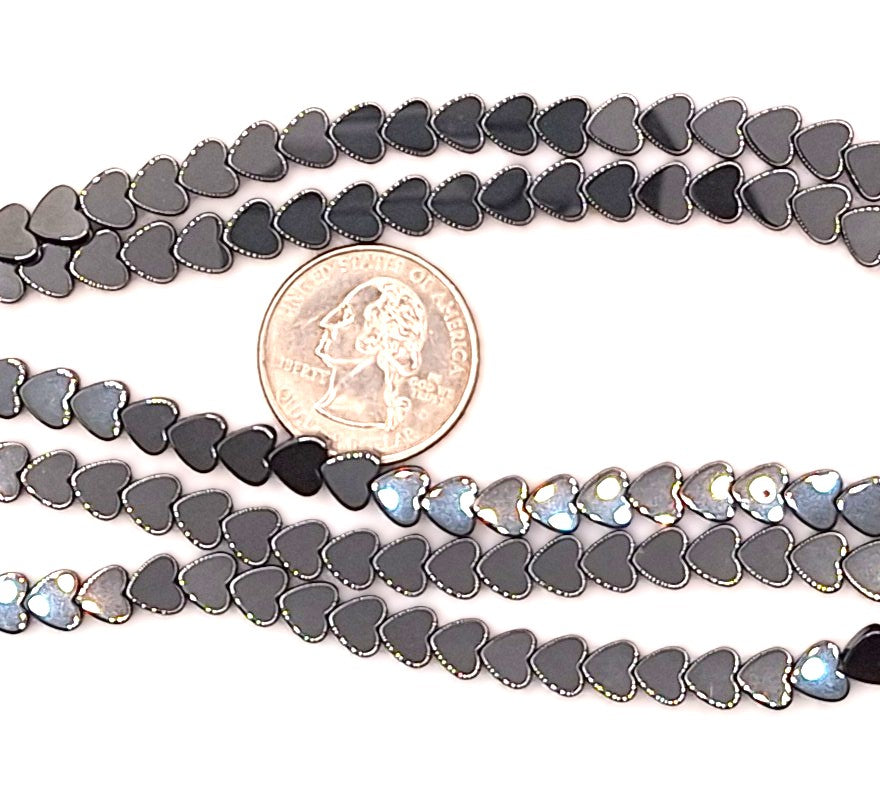 6mm Hematite Flat Heart Gemstone Beads 8-Inch Strand
