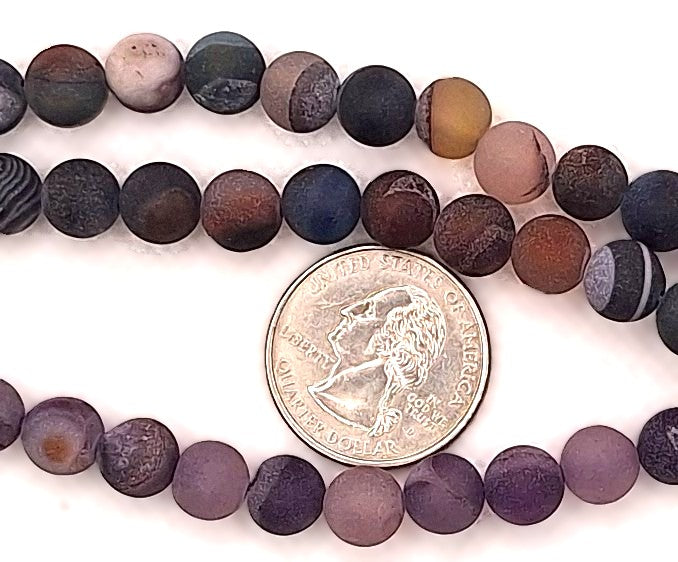 8mm Druzy Striped Purple Agate Dyed Matte Round Gemstone Beads 8-Inch Strand