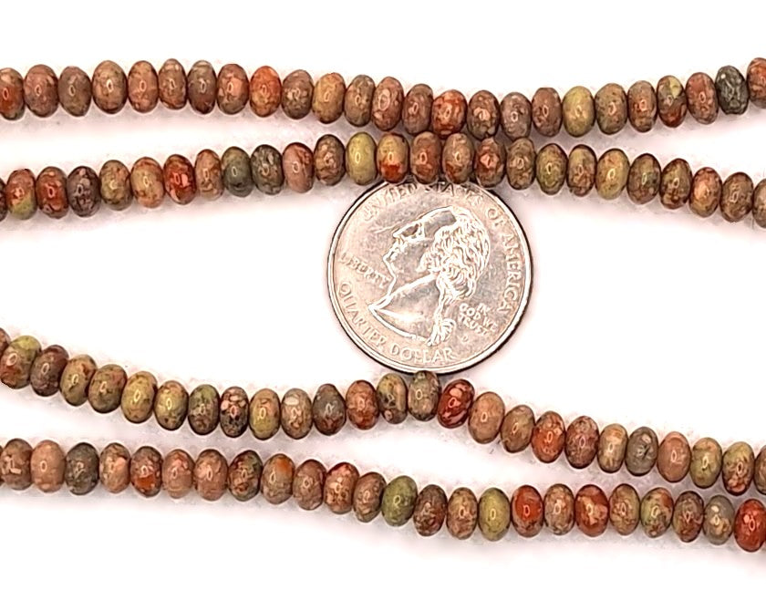 6x4mm Unakite Saucer Rondelle Gemstone Beads 8-Inch Strand
