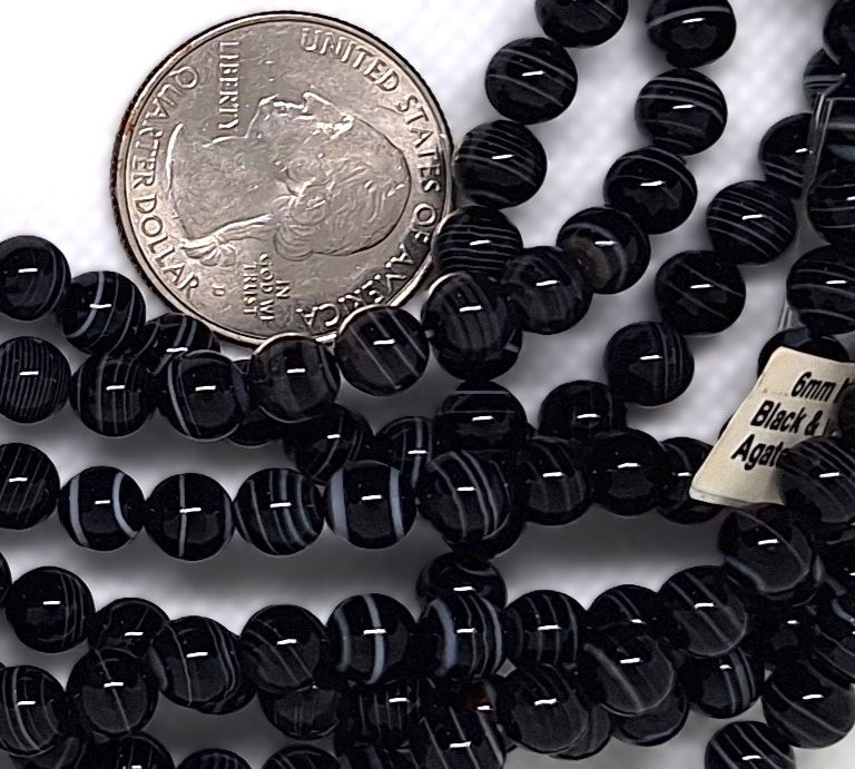 6mm Black White Sardonyx Round Gemstone Beads 16-inch Strand