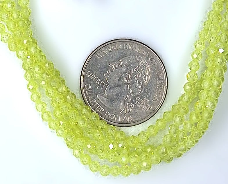 3mm Peridot Green Cubic Zirconium Faceted Round Gemstone Beads 8-Inch Strand
