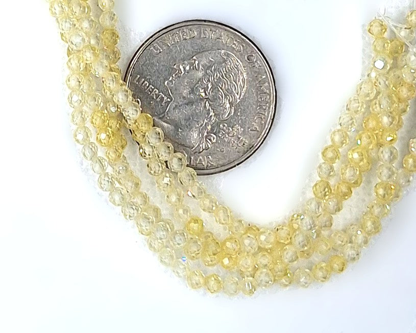 3mm Pale Yellow Cubic Zirconium Faceted Round Gemstone Beads 8-Inch Strand