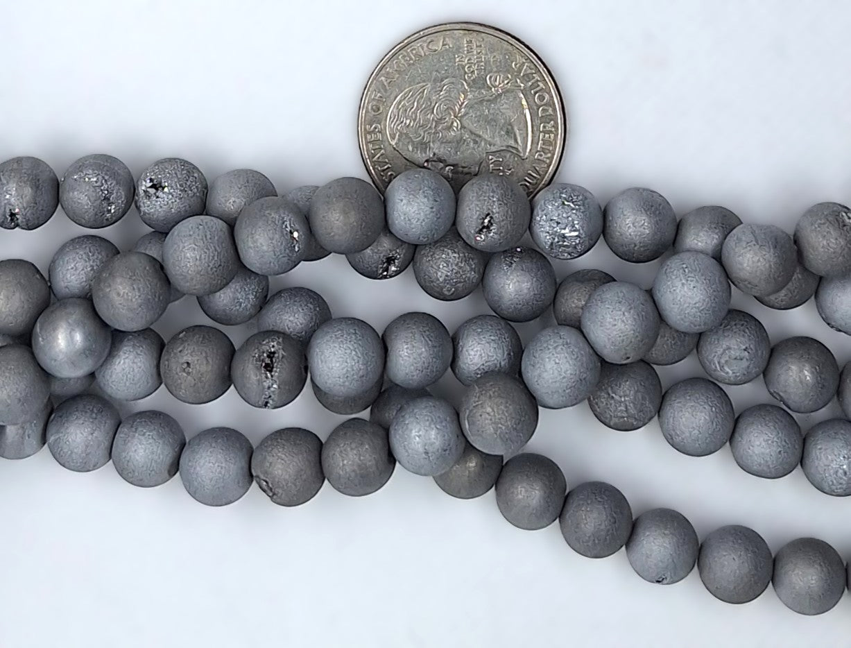 8mm Silver Metallic Druzy Agate Dyed Round Gemstone Beads 8-Inch Strand