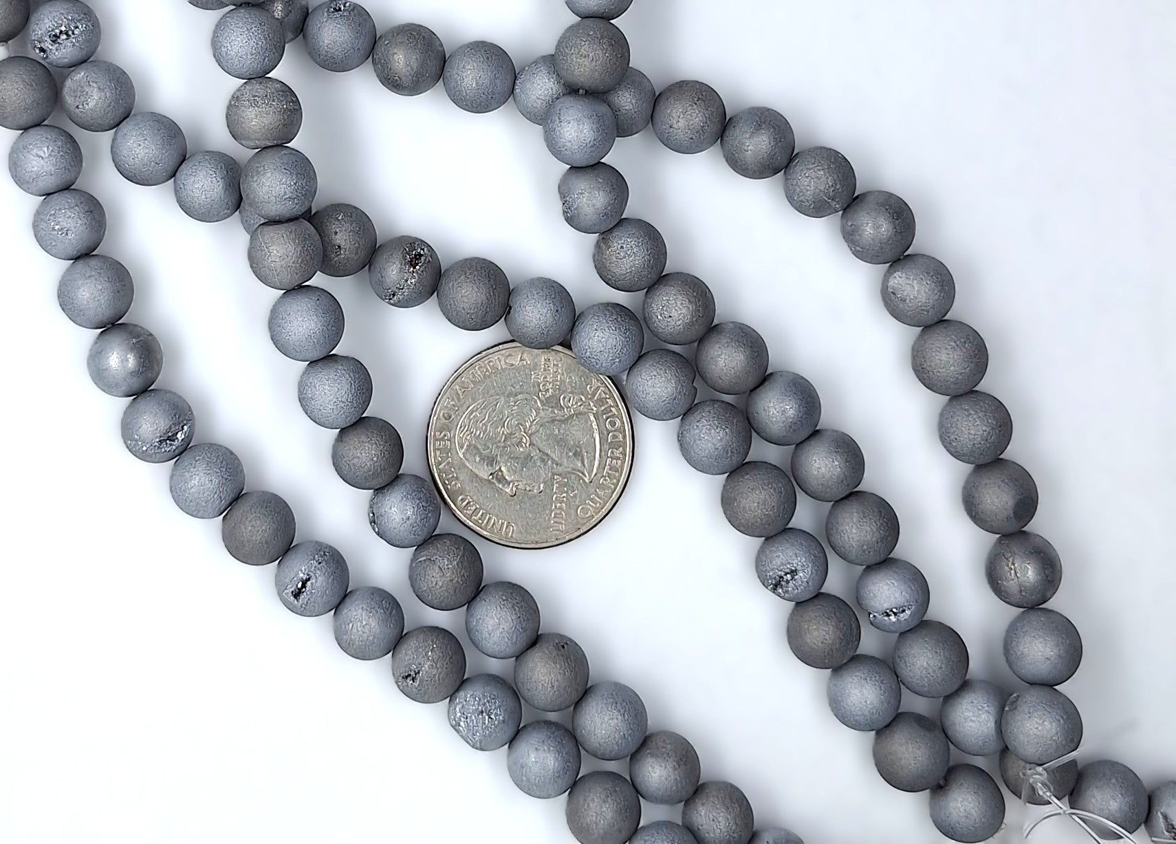 8mm Silver Metallic Druzy Agate Dyed Round Gemstone Beads 8-Inch Strand